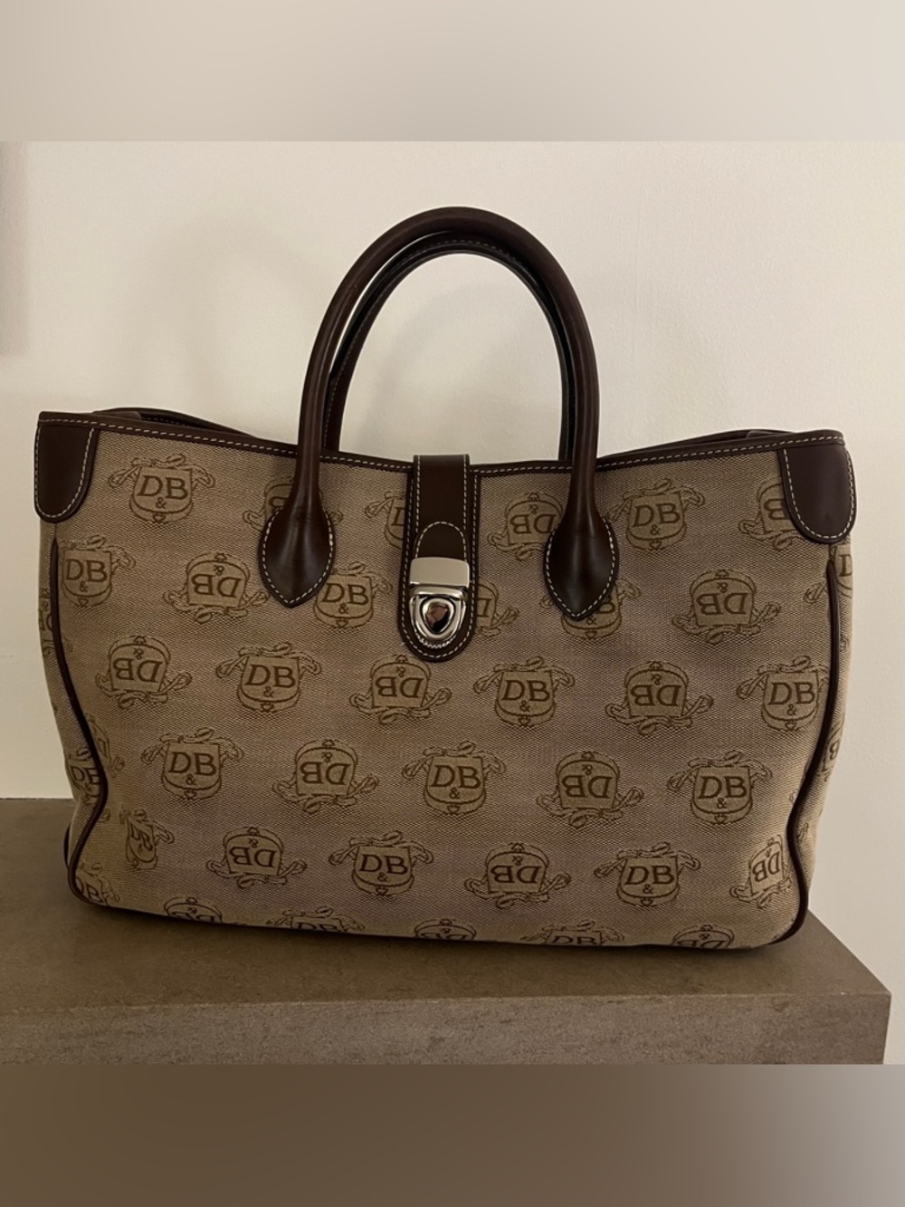 Dooney & Bourke Vintage Signature Donegal Crest Tan Canvas Leather Satchel Bag